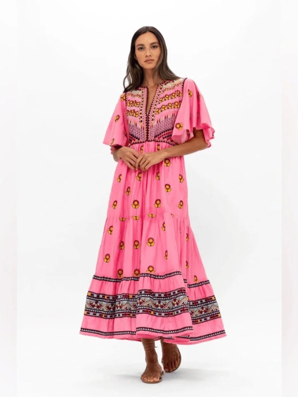 Oliphant Flirty V-Neck Embroidered Maxi Dress Santa Fe Pink XS